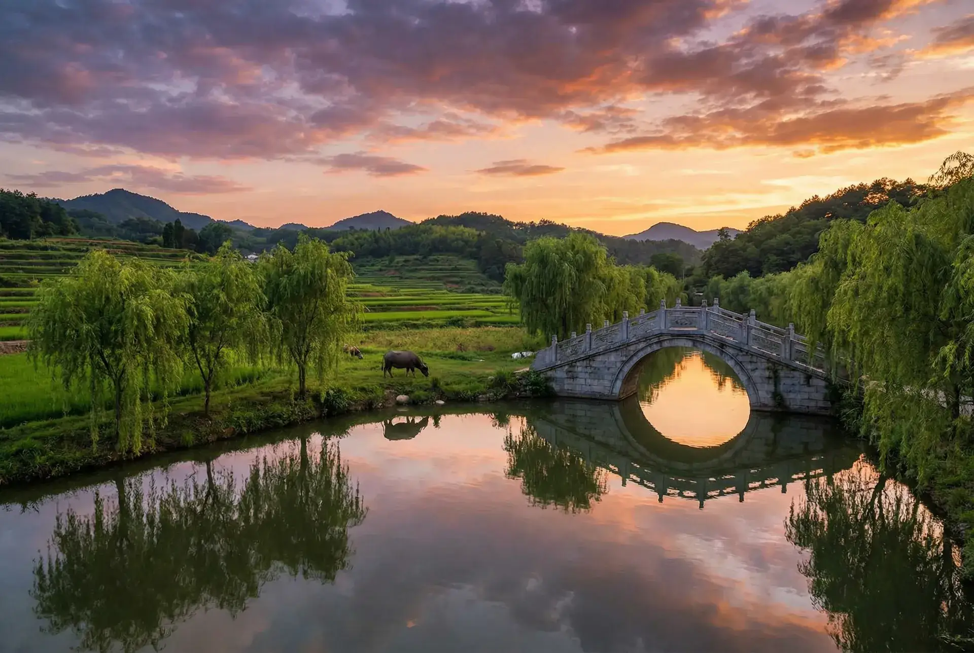 夕阳下的石拱桥与垂柳，水牛在河边吃草 - 奇怪的她 乡村美景